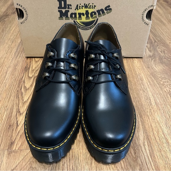 DR MARTENS Leona Lo black leather heeled platform Oxfords lace up shoes women’s - Picture 6 of 7